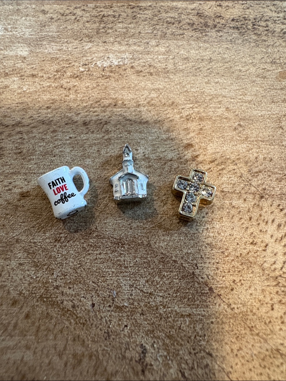 Origami Owl White Coffee Mug, Silver Temple, Gold Cross Charms
